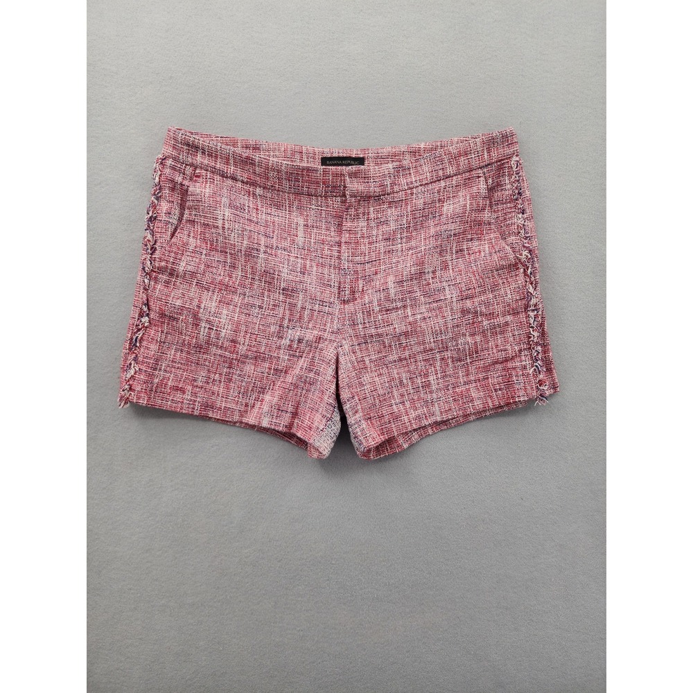 Banana Republic Tweed Shorts Size 12 Red Pink Fringe Trim Textured Cotton Blend
